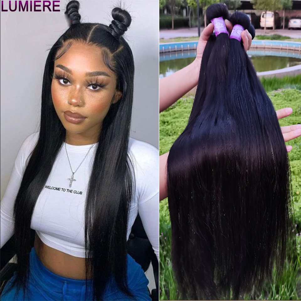 Lumiere 1/3/4 8 &-40& 100% 레미 자연 블랙 말레이시아 기계 더블 위사 뼈 스트레이트 인간의 머리카락 번들 흑인 여성을위한